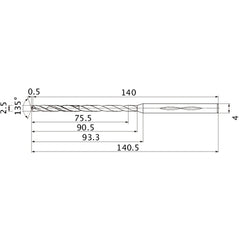 MHS0250L090B VP15TF 2.5 mm Dia. × 4 mm Shank × 90.5 mm Flute Length × 140.5 mm OAL, 135°, 2 Flute, Coolant Thru, Solid Carbide Drill