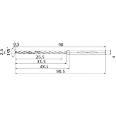 MHS0260L035B VP15TF 2.6 mm Dia. × 4 mm Shank × 35.5 mm Flute Length × 90.5 mm OAL, 135°, 2 Flute, Coolant Thru, Solid Carbide Drill