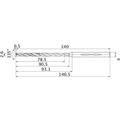 MHS0260L090B VP15TF 2.6 mm Dia. × 4 mm Shank × 90.5 mm Flute Length × 140.5 mm OAL, 135°, 2 Flute, Coolant Thru, Solid Carbide Drill