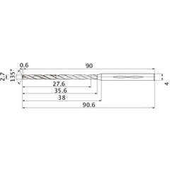 MHS0270L035B VP15TF 2.7 mm Dia. × 4 mm Shank × 35.6 mm Flute Length × 90.6 mm OAL, 135°, 2 Flute, Coolant Thru, Solid Carbide Drill