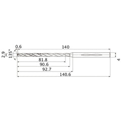 MHS0290L090B VP15TF 2.9 mm Dia. × 4 mm Shank × 90.6 mm Flute Length × 140.6 mm OAL, 135°, 2 Flute, Coolant Thru, Solid Carbide Drill