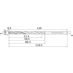MHS0300L060B VP15TF 3 mm Dia. × 4 mm Shank × 59.5 mm Flute Length × 110.5 mm OAL, 140°, 2 Flute, Coolant Thru, Solid Carbide Drill