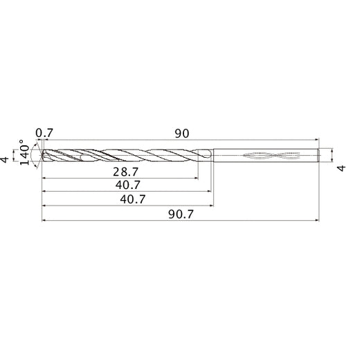MHS0400L040B VP15TF 4 mm Dia. × 4 mm Shank × 40.7 mm Flute Length × 90.7 mm OAL, 140°, 2 Flute, Coolant Thru, Solid Carbide Drill