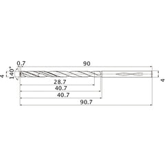 MHS0400L040B VP15TF 4 mm Dia. × 4 mm Shank × 40.7 mm Flute Length × 90.7 mm OAL, 140°, 2 Flute, Coolant Thru, Solid Carbide Drill