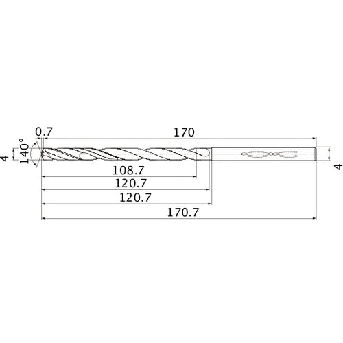 MHS0400L120B VP15TF 4 mm Dia. × 4 mm Shank × 120.7 mm Flute Length × 170.7 mm OAL, 140°, 2 Flute, Coolant Thru, Solid Carbide Drill