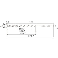 MHS0400L120B VP15TF 4 mm Dia. × 4 mm Shank × 120.7 mm Flute Length × 170.7 mm OAL, 140°, 2 Flute, Coolant Thru, Solid Carbide Drill