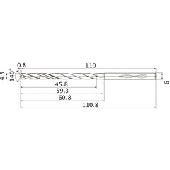 MHS0450L060B VP15TF 4.5 mm Dia. × 6 mm Shank × 59.3 mm Flute Length × 110.8 mm OAL, 140°, 2 Flute, Coolant Thru, Solid Carbide Drill