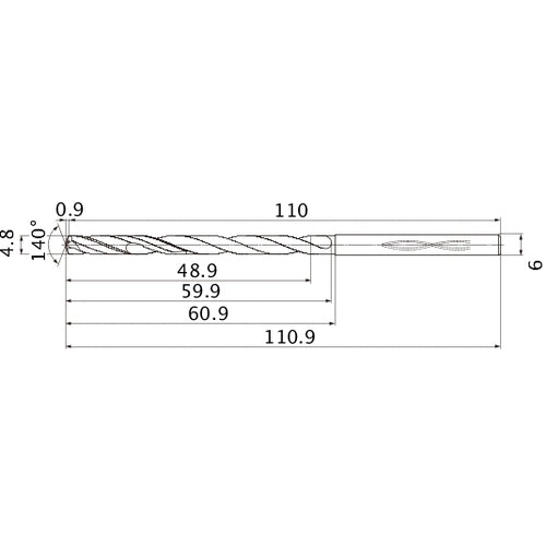 MHS0480L060B VP15TF 4.8 mm Dia. × 6 mm Shank × 59.9 mm Flute Length × 110.9 mm OAL, 140°, 2 Flute, Coolant Thru, Solid Carbide Drill