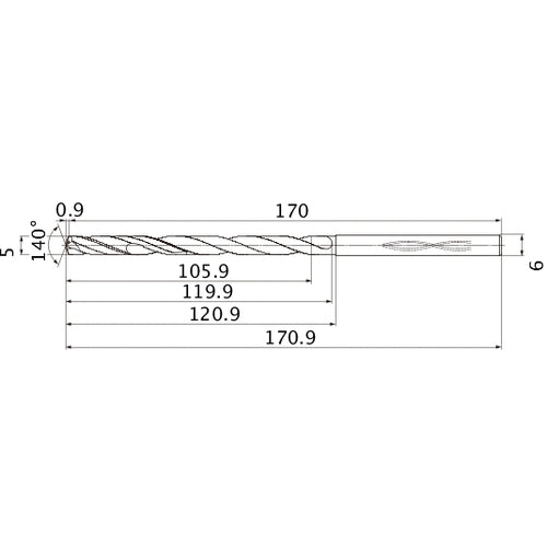 MHS0500L120B VP15TF 5 mm Dia. × 6 mm Shank × 119.9 mm Flute Length × 170.9 mm OAL, 140°, 2 Flute, Coolant Thru, Solid Carbide Drill