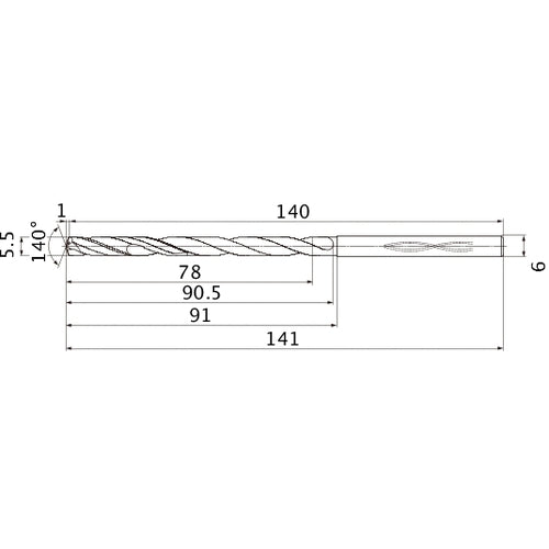 MHS0550L090B VP15TF 5.5 mm Dia. × 6 mm Shank × 90.5 mm Flute Length × 141 mm OAL, 140°, 2 Flute, Coolant Thru, Solid Carbide Drill