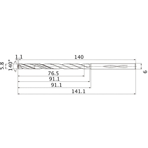 MHS0580L090B VP15TF 5.8 mm Dia. × 6 mm Shank × 91.1 mm Flute Length × 141.1 mm OAL, 140°, 2 Flute, Coolant Thru, Solid Carbide Drill