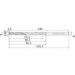 MHS0600L090B VP15TF 6 mm Dia. × 6 mm Shank × 91.1 mm Flute Length × 141.1 mm OAL, 140°, 2 Flute, Coolant Thru, Solid Carbide Drill