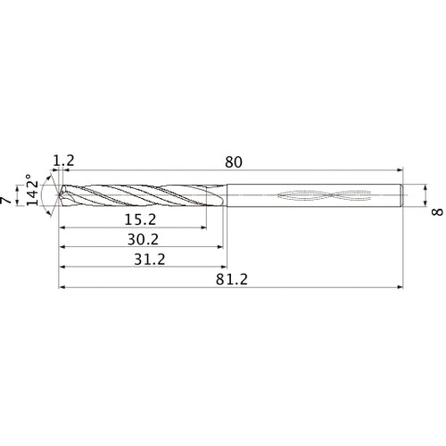 MHS0700L030B VP15TF 7 mm Dia. × 8 mm Shank × 30.2 mm Flute Length × 81.2 mm OAL, 142°, 2 Flute, Coolant Thru, Solid Carbide Drill