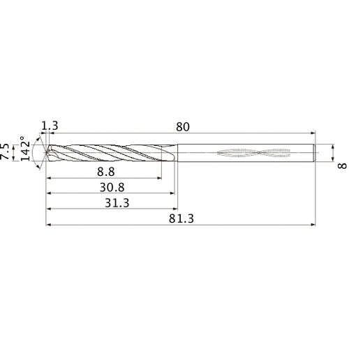 MHS0750L030B VP15TF 7.5 mm Dia. × 8 mm Shank × 30.8 mm Flute Length × 81.3 mm OAL, 142°, 2 Flute, Coolant Thru, Solid Carbide Drill