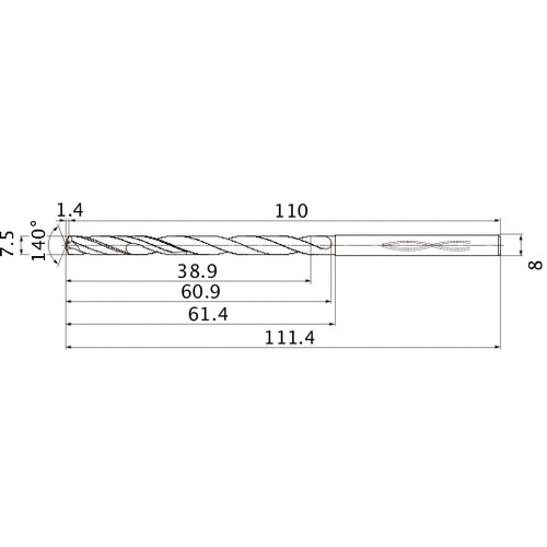 MHS0750L060B VP15TF 7.5 mm Dia. × 8 mm Shank × 60.9 mm Flute Length × 111.4 mm OAL, 140°, 2 Flute, Coolant Thru, Solid Carbide Drill