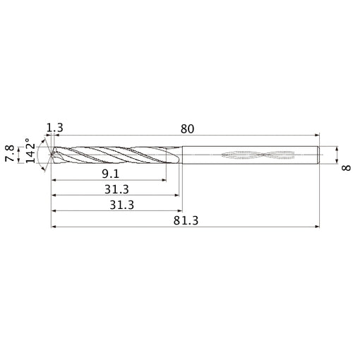 MHS0780L030B VP15TF 7.8 mm Dia. × 8 mm Shank × 31.3 mm Flute Length × 81.3 mm OAL, 142°, 2 Flute, Coolant Thru, Solid Carbide Drill