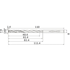 MHS0780L060B VP15TF 7.8 mm Dia. × 8 mm Shank × 61.4 mm Flute Length × 111.4 mm OAL, 140°, 2 Flute, Coolant Thru, Solid Carbide Drill