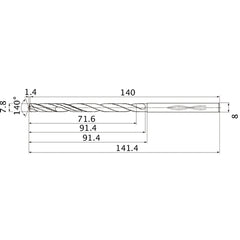MHS0780L090B VP15TF 7.8 mm Dia. × 8 mm Shank × 91.4 mm Flute Length × 141.4 mm OAL, 140°, 2 Flute, Coolant Thru, Solid Carbide Drill