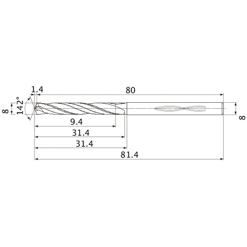 MHS0800L030B VP15TF 8 mm Dia. × 8 mm Shank × 31.4 mm Flute Length × 81.4 mm OAL, 142°, 2 Flute, Coolant Thru, Solid Carbide Drill