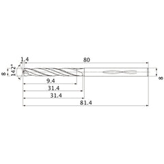 MHS0800L030B VP15TF 8 mm Dia. × 8 mm Shank × 31.4 mm Flute Length × 81.4 mm OAL, 142°, 2 Flute, Coolant Thru, Solid Carbide Drill
