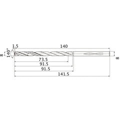 MHS0800L090B VP15TF 8 mm Dia. × 8 mm Shank × 91.5 mm Flute Length × 141.5 mm OAL, 140°, 2 Flute, Coolant Thru, Solid Carbide Drill