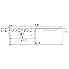MHS0850L040B VP15TF 8.5 mm Dia. × 10 mm Shank × 40 mm Flute Length × 101.5 mm OAL, 142°, 2 Flute, Coolant Thru, Solid Carbide Drill