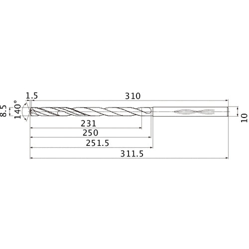 MHS0850L250B VP15TF 8.5 mm Dia. × 10 mm Shank × 250 mm Flute Length × 311.5 mm OAL, 140°, 2 Flute, Coolant Thru, Solid Carbide Drill