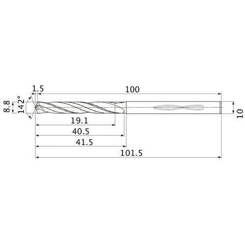 MHS0880L040B VP15TF 8.8 mm Dia. × 10 mm Shank × 40.5 mm Flute Length × 101.5 mm OAL, 142°, 2 Flute, Coolant Thru, Solid Carbide Drill