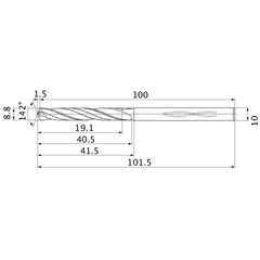 MHS0880L040B VP15TF 8.8 mm Dia. × 10 mm Shank × 40.5 mm Flute Length × 101.5 mm OAL, 142°, 2 Flute, Coolant Thru, Solid Carbide Drill