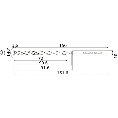MHS0880L090B VP15TF 8.8 mm Dia. × 10 mm Shank × 90.6 mm Flute Length × 151.6 mm OAL, 140°, 2 Flute, Coolant Thru, Solid Carbide Drill