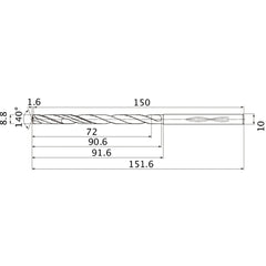 MHS0880L090B VP15TF 8.8 mm Dia. × 10 mm Shank × 90.6 mm Flute Length × 151.6 mm OAL, 140°, 2 Flute, Coolant Thru, Solid Carbide Drill