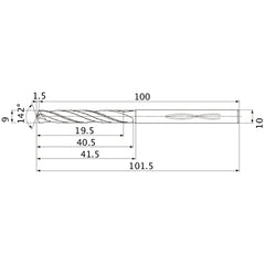 MHS0900L040B VP15TF 9 mm Dia. × 10 mm Shank × 40.5 mm Flute Length × 101.5 mm OAL, 142°, 2 Flute, Coolant Thru, Solid Carbide Drill