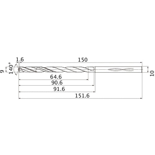 MHS0900L090B VP15TF 9 mm Dia. × 10 mm Shank × 90.6 mm Flute Length × 151.6 mm OAL, 140°, 2 Flute, Coolant Thru, Solid Carbide Drill