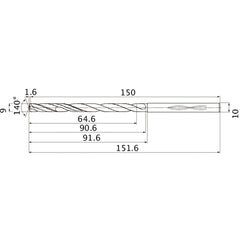 MHS0900L090B VP15TF 9 mm Dia. × 10 mm Shank × 90.6 mm Flute Length × 151.6 mm OAL, 140°, 2 Flute, Coolant Thru, Solid Carbide Drill