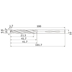 MHS0980L040B VP15TF 9.8 mm Dia. × 10 mm Shank × 41.7 mm Flute Length × 101.7 mm OAL, 142°, 2 Flute, Coolant Thru, Solid Carbide Drill