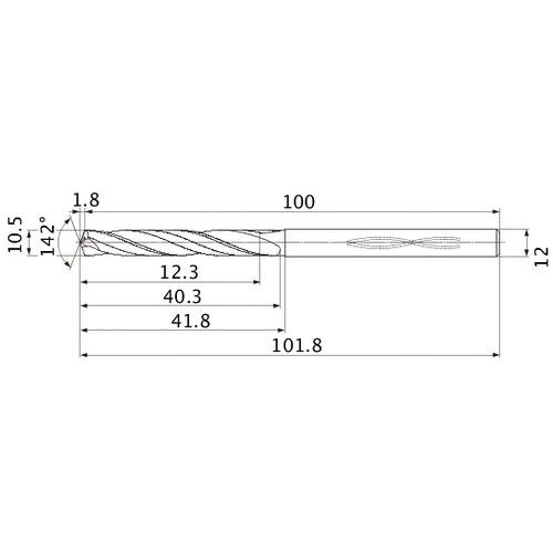 MHS1050L040B VP15TF 10.5 mm Dia. × 12 mm Shank × 40.3 mm Flute Length × 101.8 mm OAL, 142°, 2 Flute, Coolant Thru, Solid Carbide Drill