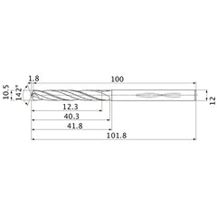 MHS1050L040B VP15TF 10.5 mm Dia. × 12 mm Shank × 40.3 mm Flute Length × 101.8 mm OAL, 142°, 2 Flute, Coolant Thru, Solid Carbide Drill