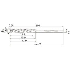 MHS1100L040B VP15TF 11 mm Dia. × 12 mm Shank × 40.9 mm Flute Length × 101.9 mm OAL, 142°, 2 Flute, Coolant Thru, Solid Carbide Drill