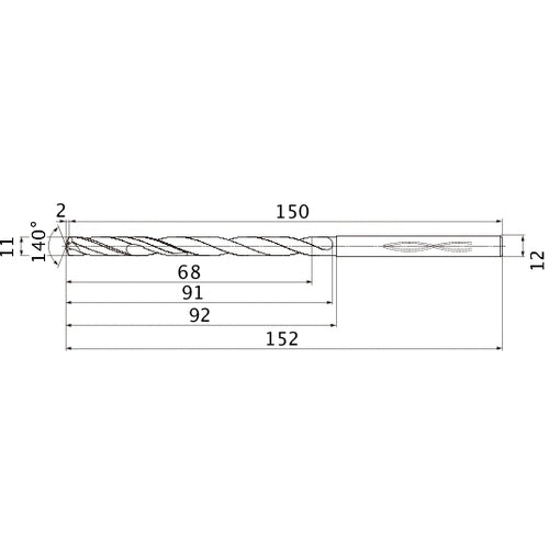 MHS1100L090B VP15TF 11 mm Dia. × 12 mm Shank × 91 mm Flute Length × 152 mm OAL, 140°, 2 Flute, Coolant Thru, Solid Carbide Drill