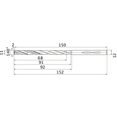 MHS1100L090B VP15TF 11 mm Dia. × 12 mm Shank × 91 mm Flute Length × 152 mm OAL, 140°, 2 Flute, Coolant Thru, Solid Carbide Drill