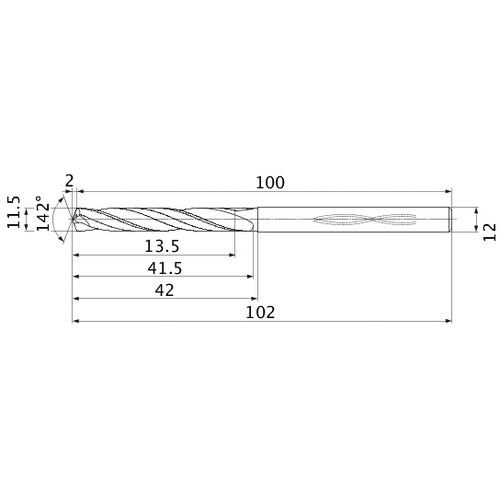 MHS1150L040B VP15TF 11.5 mm Dia. × 12 mm Shank × 41.5 mm Flute Length × 102 mm OAL, 142°, 2 Flute, Coolant Thru, Solid Carbide Drill