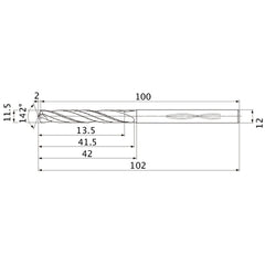 MHS1150L040B VP15TF 11.5 mm Dia. × 12 mm Shank × 41.5 mm Flute Length × 102 mm OAL, 142°, 2 Flute, Coolant Thru, Solid Carbide Drill