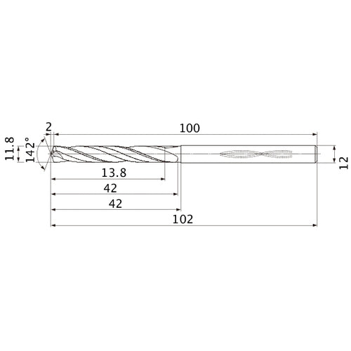 MHS1180L040B VP15TF 11.8 mm Dia. × 12 mm Shank × 42 mm Flute Length × 102 mm OAL, 142°, 2 Flute, Coolant Thru, Solid Carbide Drill