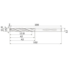 MHS1180L040B VP15TF 11.8 mm Dia. × 12 mm Shank × 42 mm Flute Length × 102 mm OAL, 142°, 2 Flute, Coolant Thru, Solid Carbide Drill