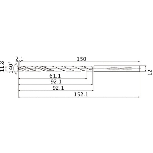 MHS1180L090B VP15TF 11.8 mm Dia. × 12 mm Shank × 92.1 mm Flute Length × 152.1 mm OAL, 140°, 2 Flute, Coolant Thru, Solid Carbide Drill