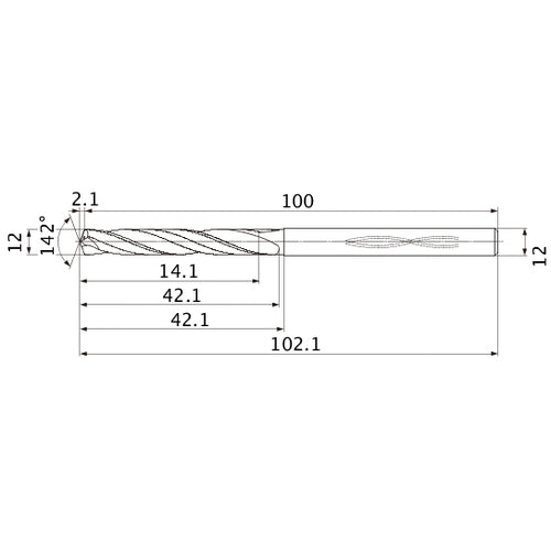 MHS1200L040B VP15TF 12 mm Dia. × 12 mm Shank × 42.1 mm Flute Length × 102.1 mm OAL, 142°, 2 Flute, Coolant Thru, Solid Carbide Drill