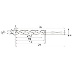 MMS0530X5DB DP7020 5.3 mm Dia. × 6 mm Shank × 40 mm Flute Length × 90 mm OAL, 140°, 2 Flute, Coolant Thru, Solid Carbide Drill