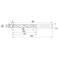 MMS0540X5DB DP7020 5.4 mm Dia. × 6 mm Shank × 40 mm Flute Length × 90 mm OAL, 140°, 2 Flute, Coolant Thru, Solid Carbide Drill