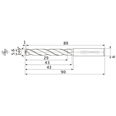 MMS0560X5DB DP7020 5.6 mm Dia. × 6 mm Shank × 43 mm Flute Length × 90 mm OAL, 140°, 2 Flute, Coolant Thru, Solid Carbide Drill