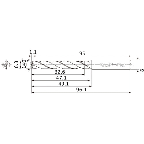 MMS0630X5DB DP7020 6.3 mm Dia. × 8 mm Shank × 47.1 mm Flute Length × 96.1 mm OAL, 140°, 2 Flute, Coolant Thru, Solid Carbide Drill